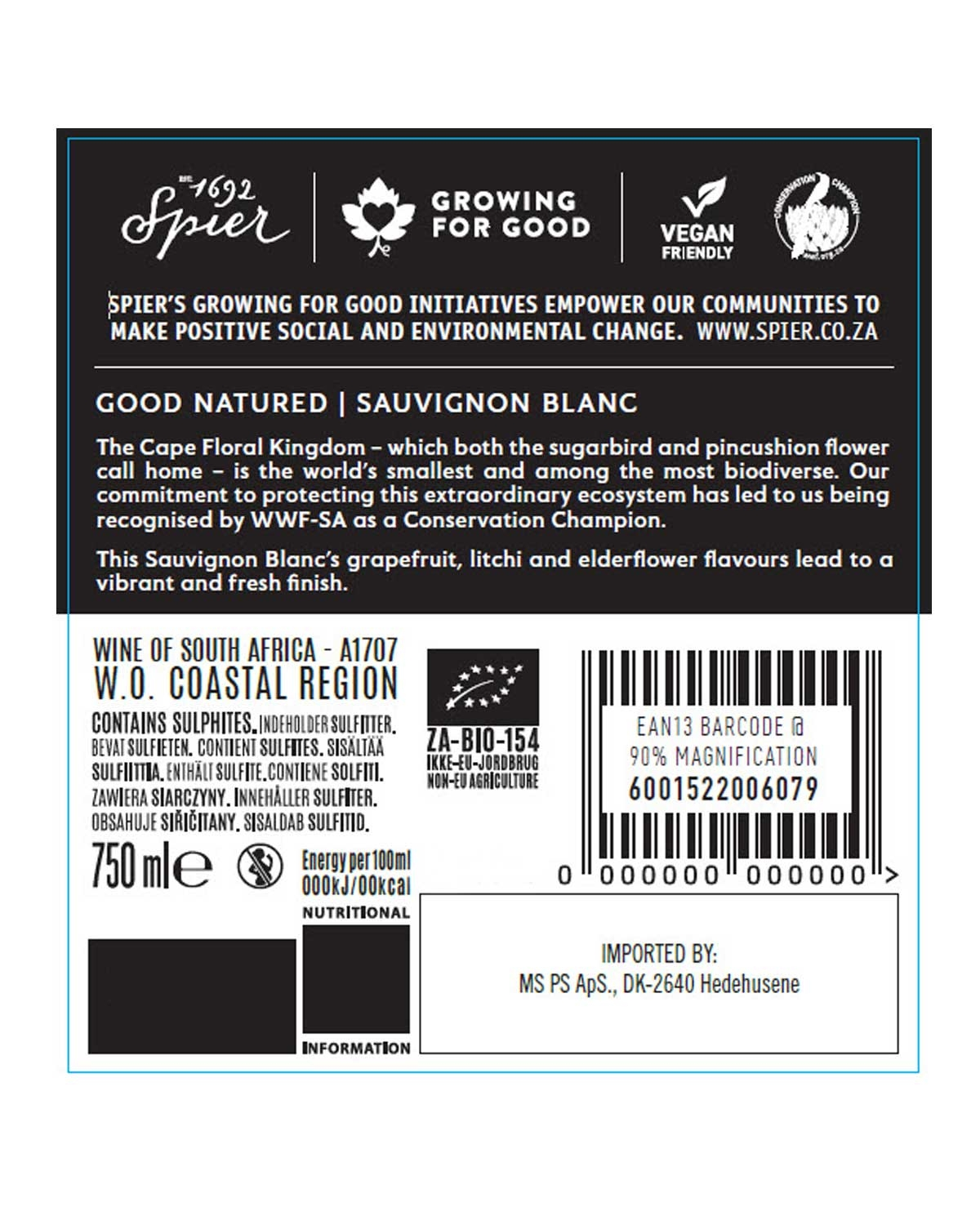 Rückenetikett einer Flasche Spier Sauvignon Blanc mit Produktinformationen, Logos für vegane und umweltfreundliche Zertifizierungen, einem Strichcode und einem Text, der den Geschmack des Weins und seine Bemühungen um Nachhaltigkeit beschreibt.
