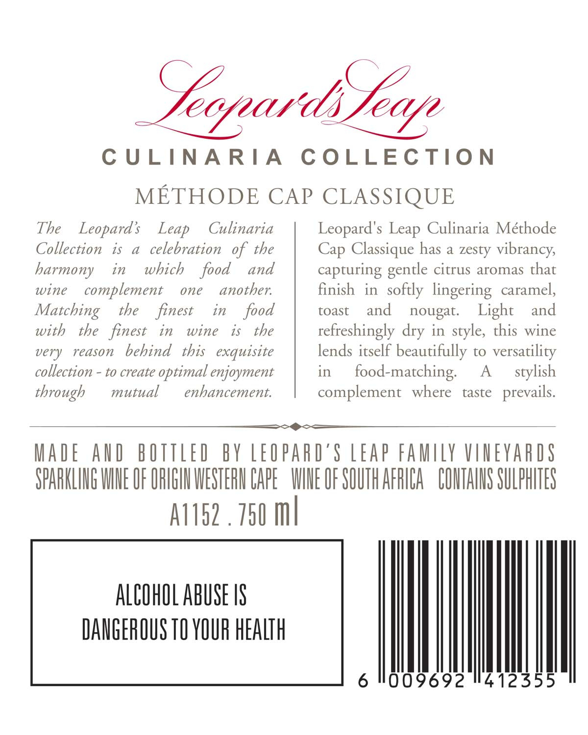 Weinetikett für Leopards Leap Culinaria Collection Méthode Cap Classique. Der Text beschreibt den Geschmack und die Herkunft des Weins, enthält Warnungen vor Alkoholmissbrauch und gibt den Barcode, das Volumen (750 ml) und den Hersteller an.