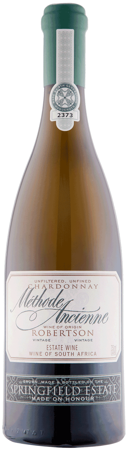 Eine Flasche Springfield Estate Méthode Ancienne Chardonnay Wein aus Robertson, Südafrika, mit einem weiß-silbernen Etikett und grüner Folie am Hals. Das Etikett zeigt eleganten kursiven und gedruckten Text.