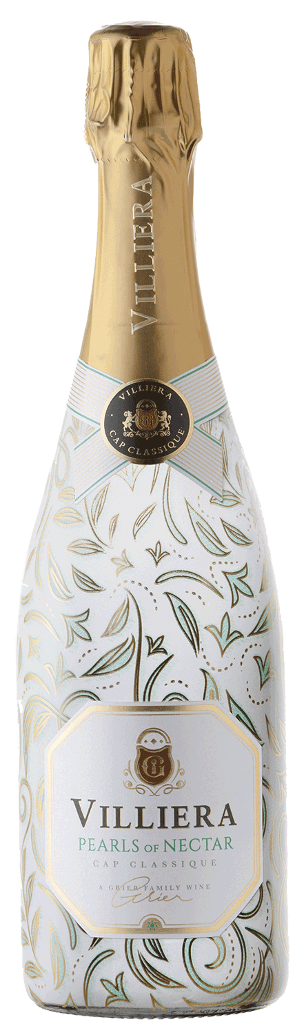 Eine Flasche Villiera Pearls of Nectar Sekt mit Goldfolienverschluss, weiß-goldenem Schmucketikett und elegantem Blattmuster auf der Flasche.