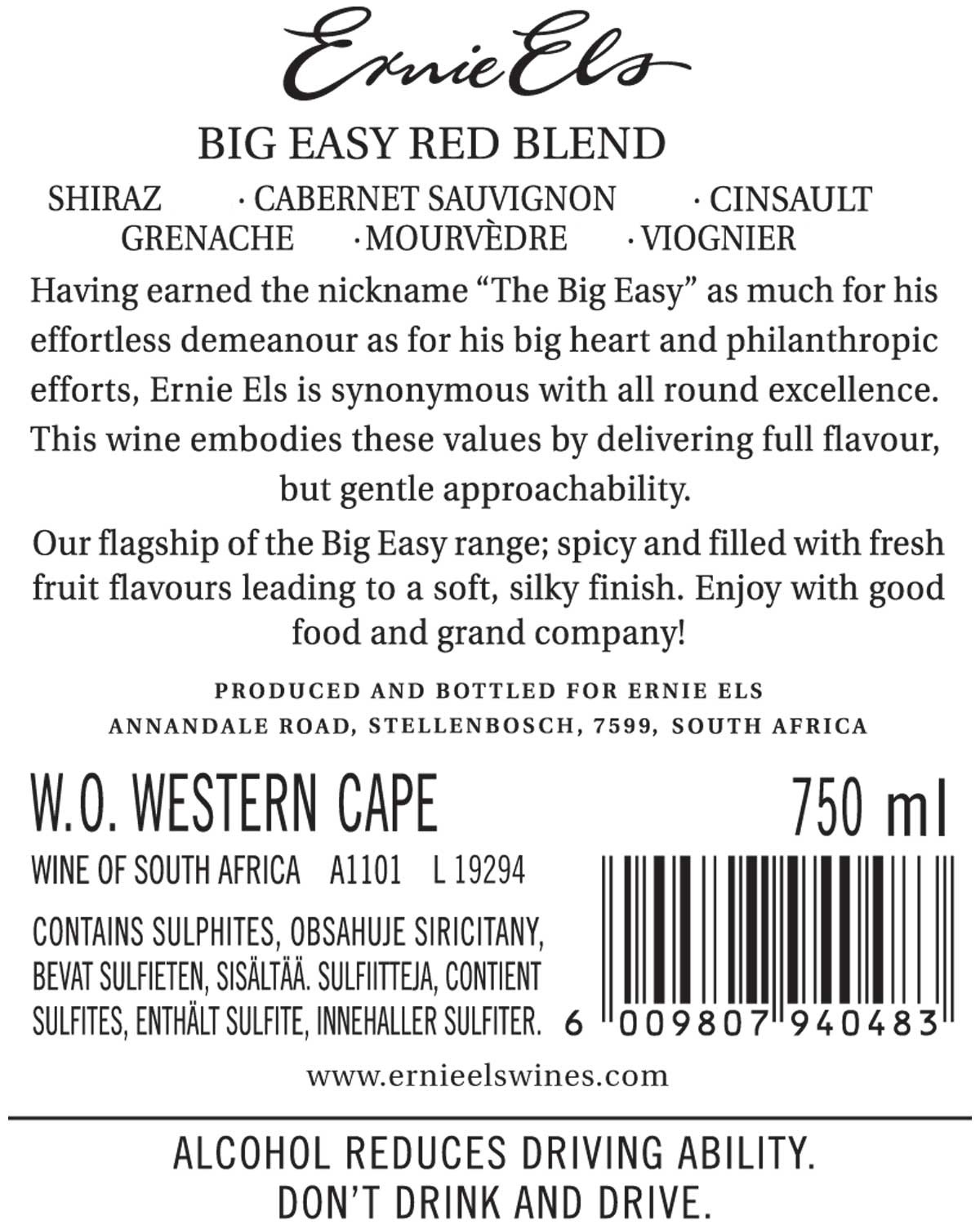 Weinflaschenetikett für Ernie Els Big Easy Red Blend mit Angabe der Rebsorten, Verkostungsnotizen und Details wie Herkunft (Westkap, Südafrika), Volumen (750 ml) und Alkoholwarnung. Schwarzer Text auf weißem Hintergrund.