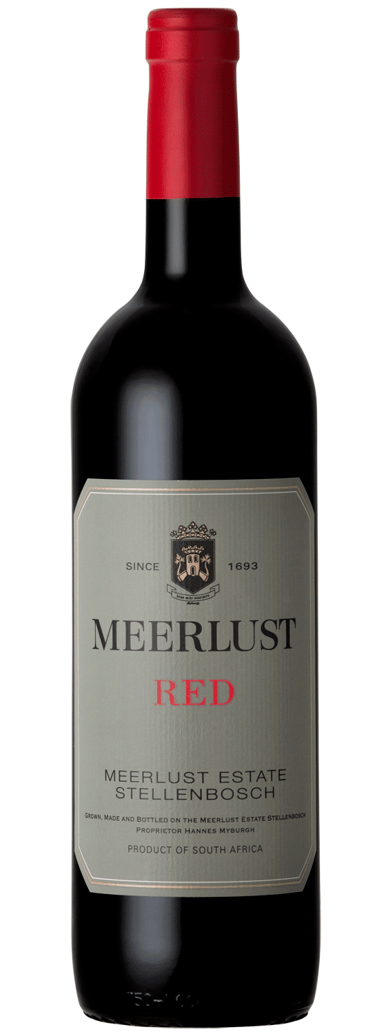 Eine Flasche Meerlust Rotwein mit rotem Foliendach und einem grauen Etikett mit dem Markennamen, dem Wappen und den Produktangaben von Meerlust Estate Stellenbosch, Südafrika.