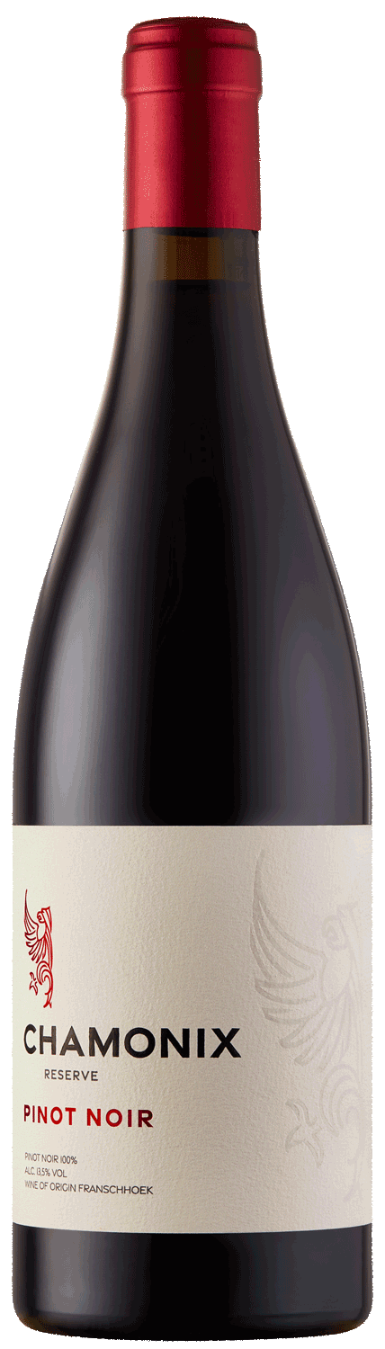 Eine Flasche Chamonix Reserve Pinot Noir mit rotem Folienverschluss und cremefarbenem Etikett mit rot-goldenem Phönix-Logo und elegantem Text in Schwarz und Rot.