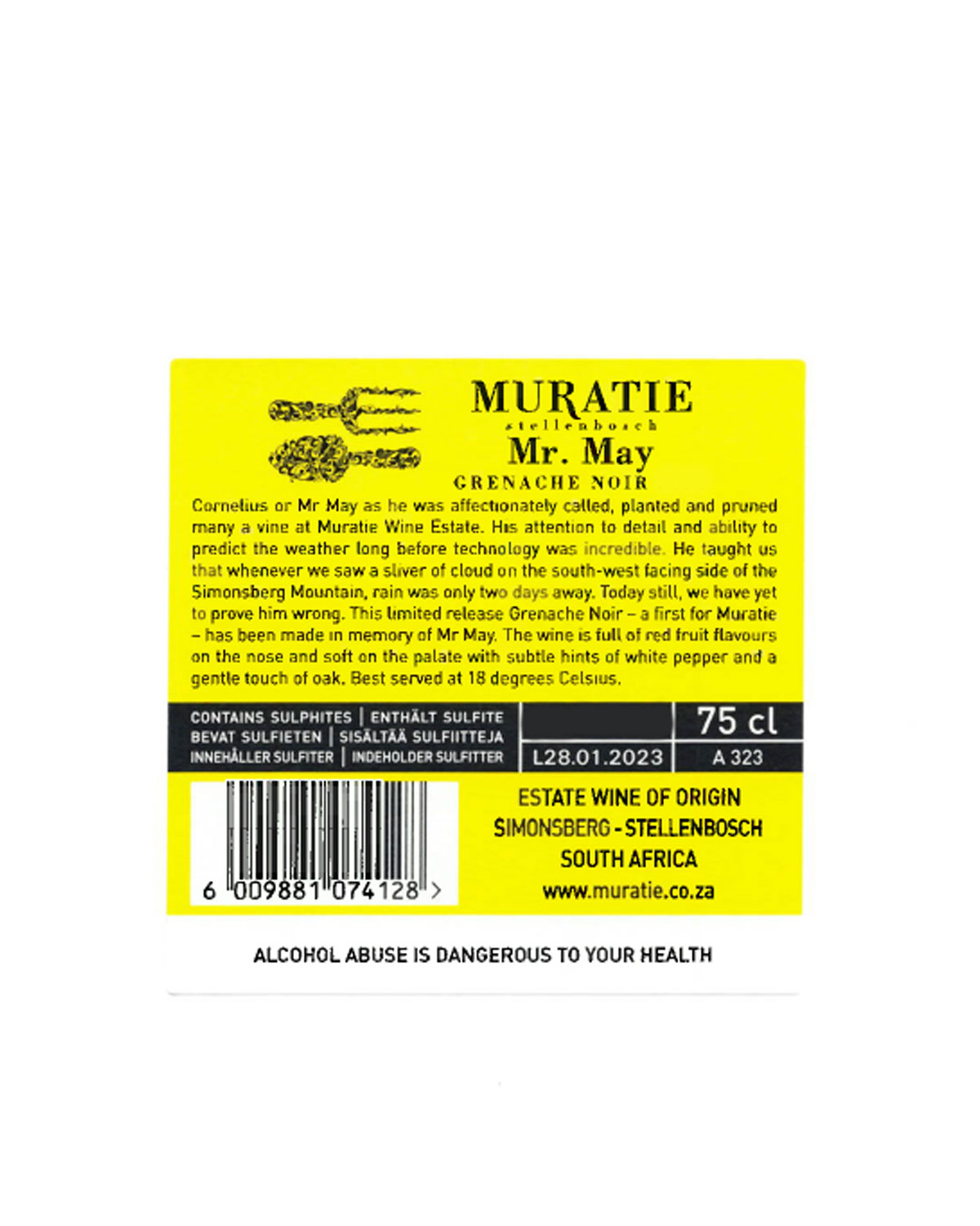 Eine Flasche Muratie Mr. May Grenache Noir Wein aus Stellenbosch, mit einem leuchtend gelben Etikett mit schwarzer Schrift und einem schwarzen Schraubverschluss.