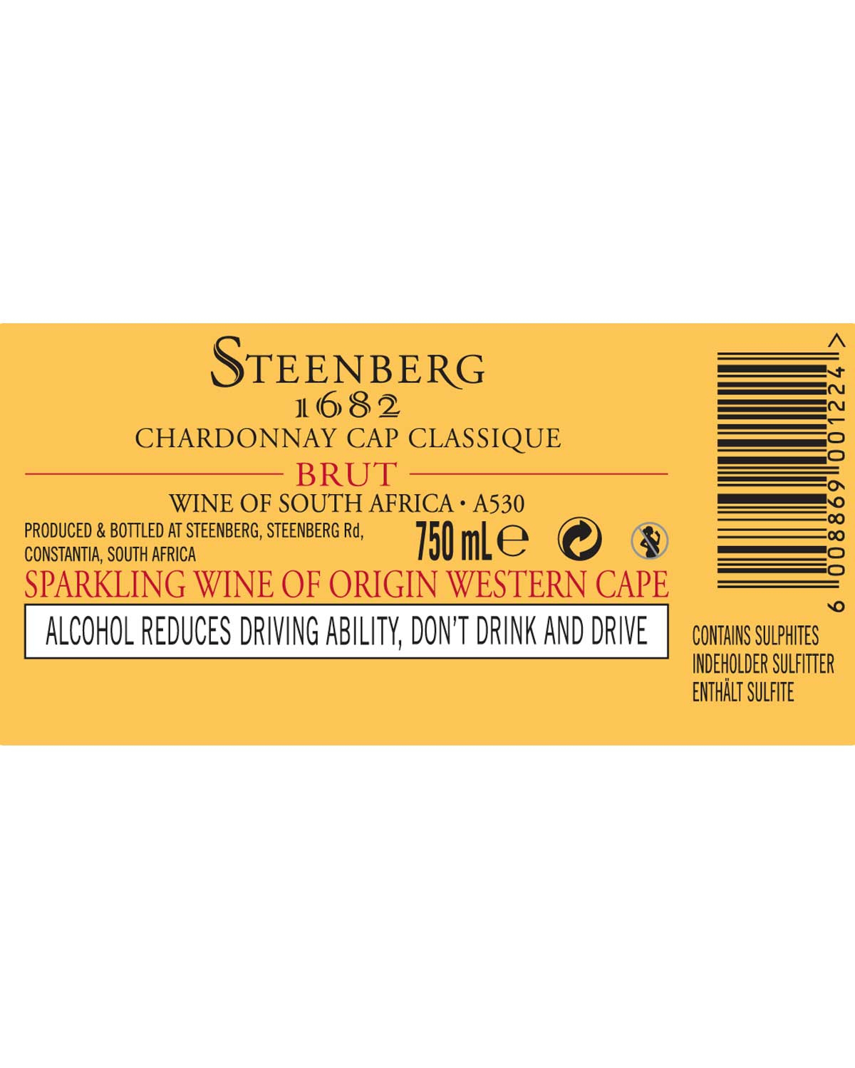 Gelbes Weinetikett für Steenberg 1682 Chardonnay Cap Classique Brut, 750 mL. Enthält Herkunft: Westkap, Südafrika, und eine Warnung, dass Alkohol die Fahrtüchtigkeit beeinträchtigt. Enthält Sulfite.