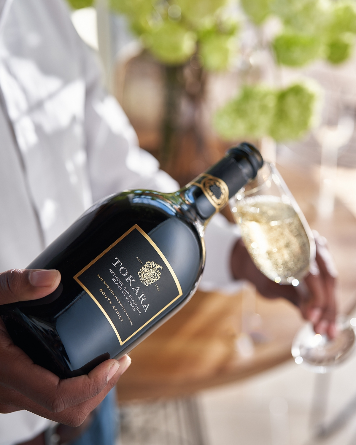 Eine Person in einem weißen Hemd gießt Tokara-Sekt aus einer dunklen Flasche in ein klares Weinglas auf einem Holztisch ein, mit unscharfen grünen Pflanzen im Hintergrund.