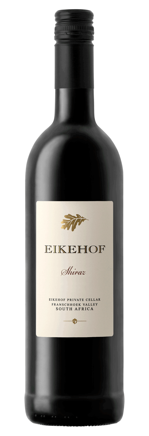 Eine Weinflasche aus dunklem Glas mit einem cremefarbenen Etikett mit der Aufschrift Eikehof Shiraz und einer Abbildung eines Eichenblatts, hergestellt von Eikehof Private Cellar in Franschhoek Valley, Südafrika.