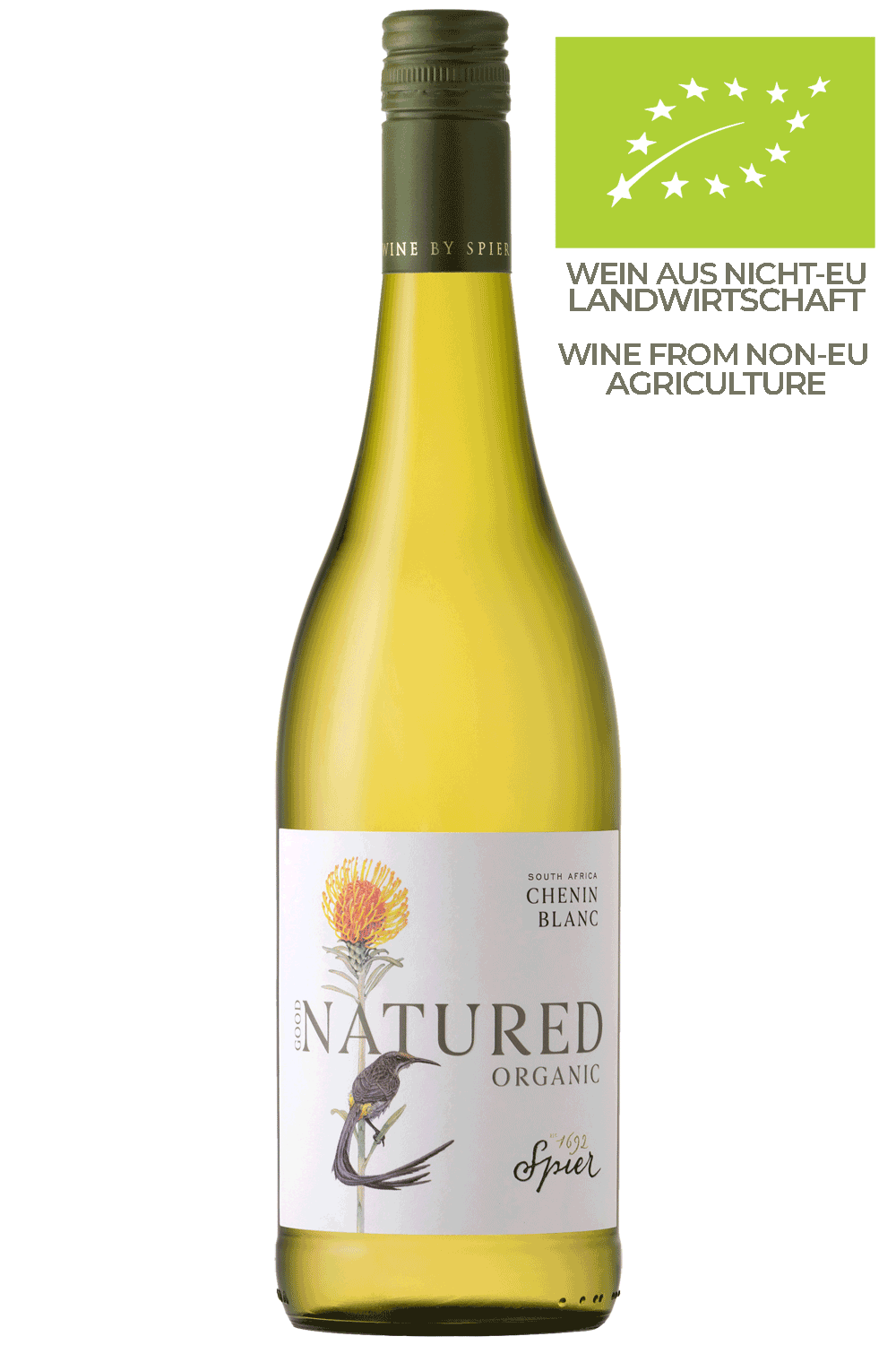 Eine Flasche Spier NATURED Bio-Chenin Blanc mit einem blumigen Etikett, daneben ein grünes EU-Bio-Zertifizierungslogo mit der Aufschrift Wein aus Nicht-EU-Landwirtschaft in Englisch und Deutsch.