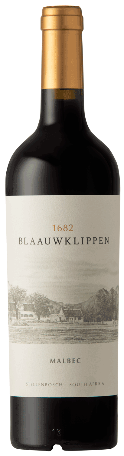 Eine Flasche Blaauwklippen 1682 Malbec Wein aus Stellenbosch, Südafrika, mit Goldfolie und einem Etikett mit der Abbildung einer Weinbergslandschaft.