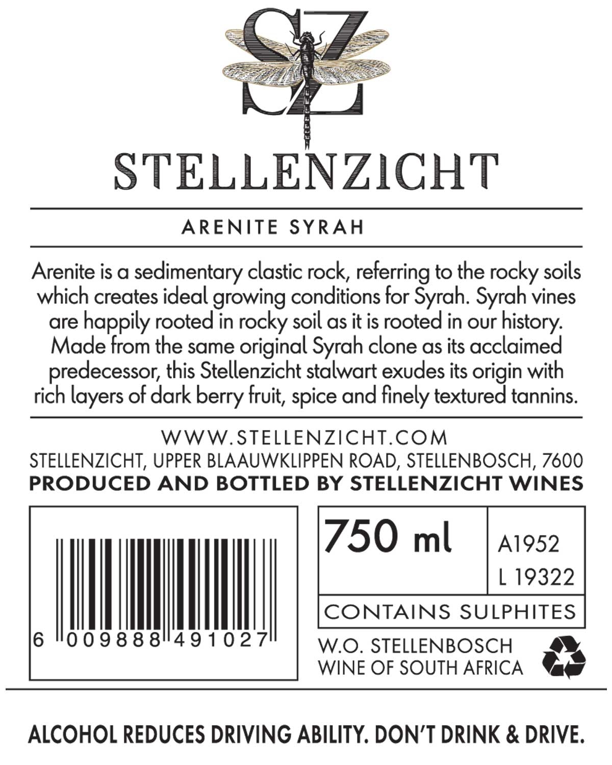 Weinetikett für Stellenzicht Arenite Syrah, mit einer Libelle über dem Markennamen. Der Text beschreibt die Herkunft des Weins, die Flaschengröße (750 ml), den Alkoholgehalt (14,5 %) und die Gesundheitswarnung: Nicht trinken und fahren.