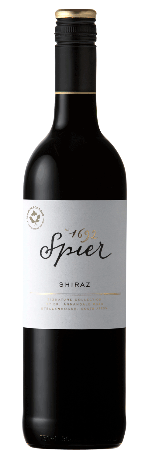 Eine Flasche Spier Shiraz Rotwein mit einem schwarzen Verschluss und einem weißen Etikett mit goldener und schwarzer Schrift. Auf dem Etikett steht das Spier-Logo, "Shiraz" und der Hinweis, dass er aus Südafrika stammt.