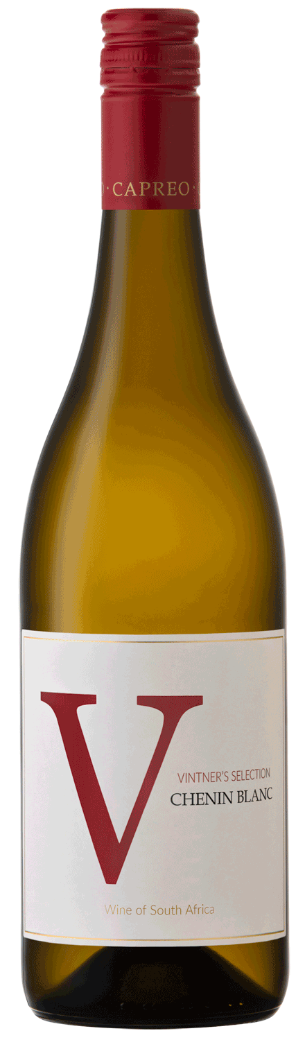 Eine Flasche Capreo Vintners Selection Chenin Blanc aus Südafrika mit einem roten Schraubverschluss und einem weißen Etikett mit einem großen roten V und dem Namen des Weins in kleinerer Schrift.