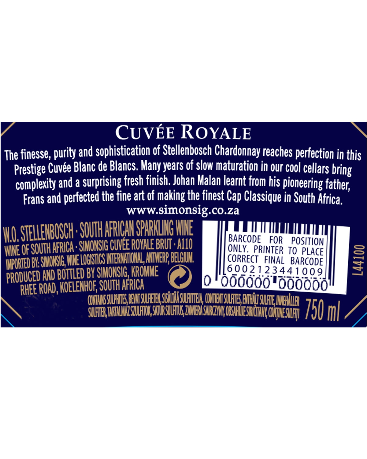 Eine Flasche Sekt mit Goldfolie und blauem Etikett, auf dem Simonsig Cuvée Royale Blanc de Blancs Cap Classique steht.