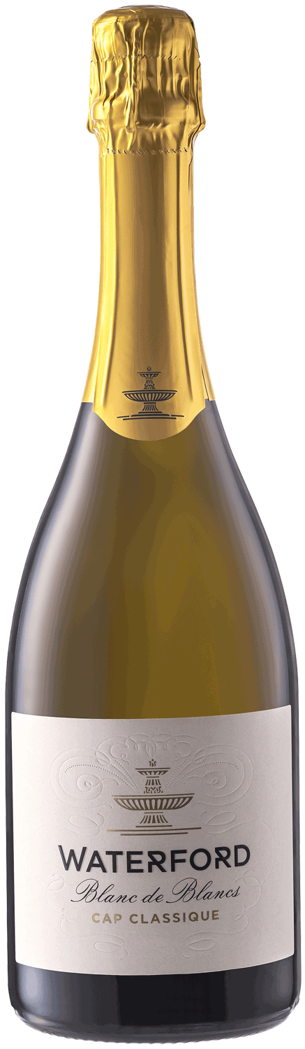 Eine Flasche Waterford Cap Classique Sekt mit einem in Goldfolie eingewickelten Deckel und einem weißen Etikett mit dem Markennamen und "Blanc de Blancs Cap Classique".