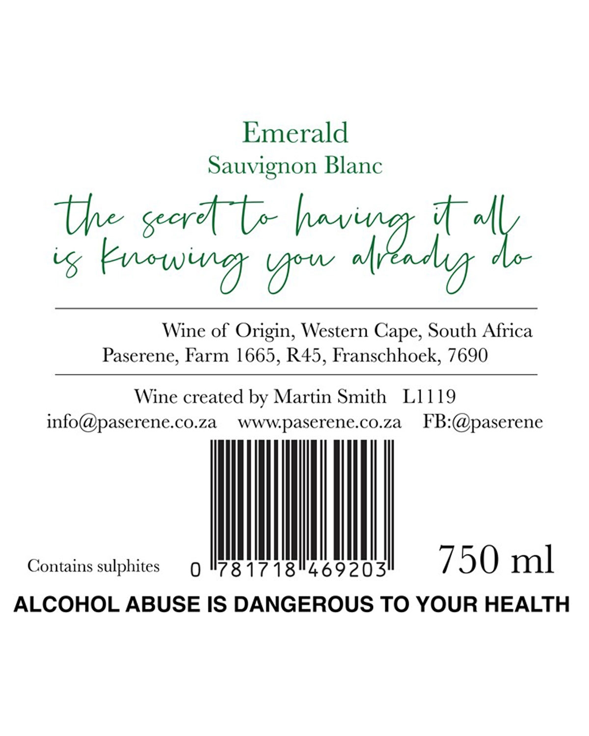 Weinflaschenetikett für Emerald Sauvignon Blanc aus Paserene, Südafrika. Enthält ein Zitat, Produktdetails, einen Strichcode, Kontaktinformationen und eine Gesundheitswarnung: ALKOHOLMISSBRAUCH IST GEFÄHRLICH FÜR IHRE GESUNDHEIT.