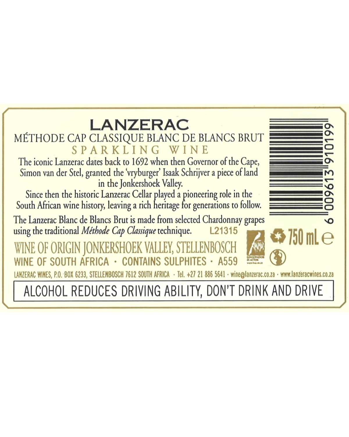Etikett für Lanzerac Méthode Cap Classique Blanc de Blancs Brut Schaumwein. Enthält Geschichte, Herkunft, Chardonnay-Traube, Flaschengröße (750 ml), Alkoholwarnung, Strichcode und Textangaben in Schwarz und Gold.