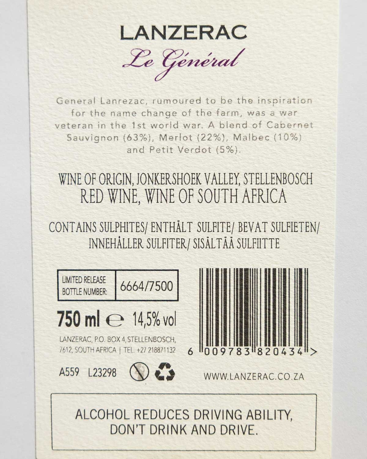 Etikett des Weines Lanzerac Le Général mit Angaben zu Herkunft (Stellenbosch, Südafrika), Rebsorten, Volumen (750 ml), Alkoholgehalt (14,5 %), Strichcode und einer Warnung zum Alkoholkonsum am unteren Rand.