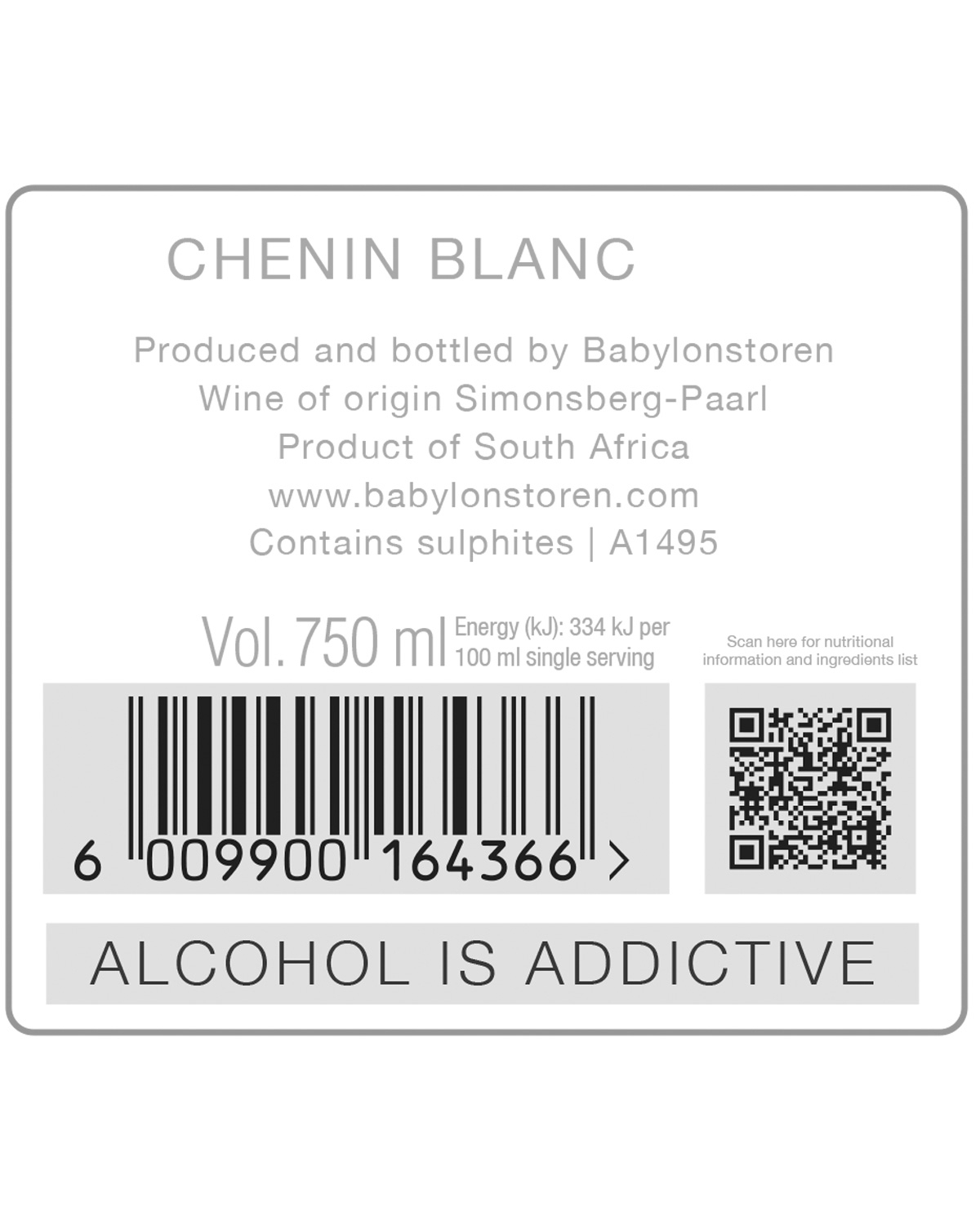 Weinetikett für Chenin Blanc von Babylonstoren; enthält Volumen (750 ml), Barcode, QR-Code, Energieangaben und Warnung Alkohol macht süchtig. Produziert in Südafrika; enthält Sulfite.