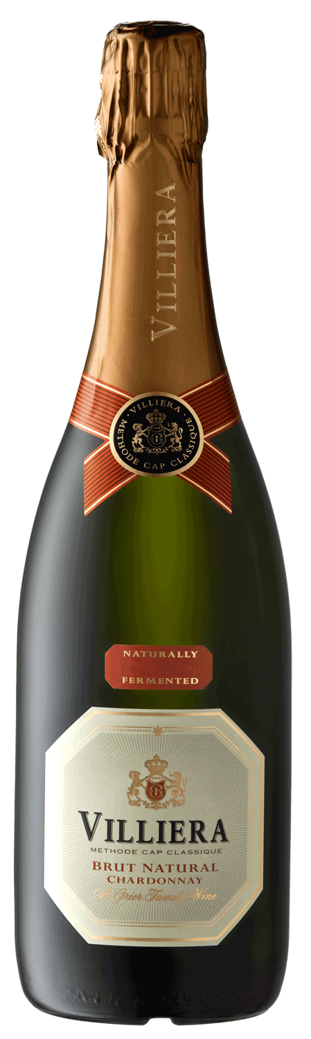 Eine Flasche Villiera Brut Natural Chardonnay Sekt mit einem Hals aus Goldfolie, roten und goldenen Akzenten und einem weißen Etikett mit dem Markennamen und Produktangaben.