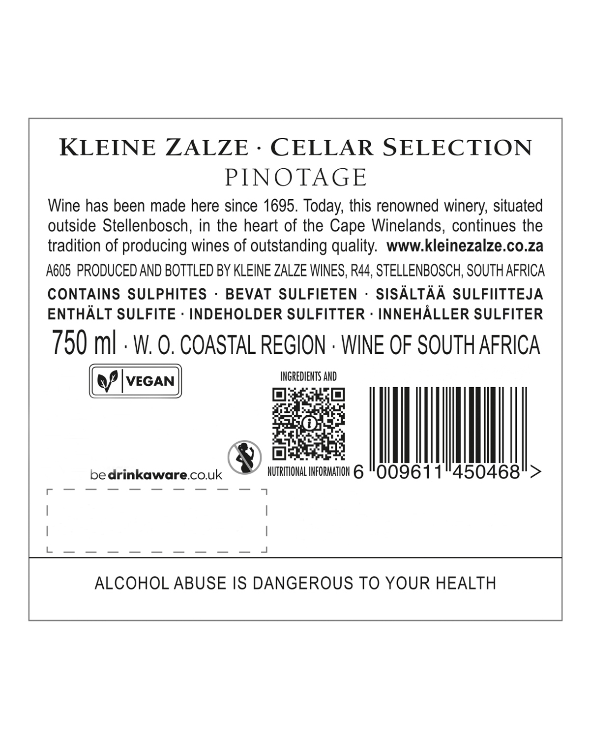 Eine Flasche Kleine Zalze Cellar Selection Pinotage Rotwein aus Südafrika mit einem roten Schraubverschluss und einem weißen Etikett mit goldener und schwarzer Schrift.