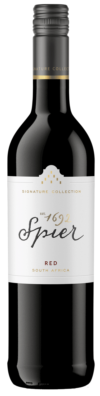 Eine Flasche Spier Signature Collection Rotwein aus Südafrika mit einem weiß-goldenen Etikett mit schwarz-goldener Schrift und einem Schraubverschluss.
