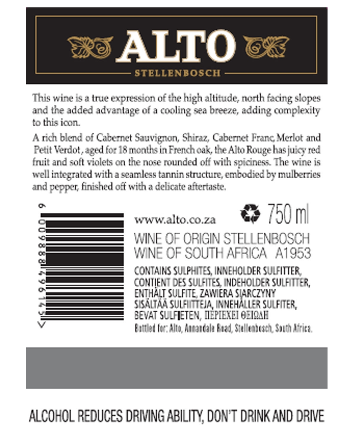 Weinflaschenetikett für Alto Stellenbosch. Beschreibt die Mischung des Weins, Verkostungsnotizen und Herkunft. Enthält Website, Volumen (750 ml) und Informationen zu Allergien. Warnung: "ALKOHOL VERRINGERT DIE FAHRTÜCHTIGKEIT, NICHT TRINKEN UND FAHREN"
