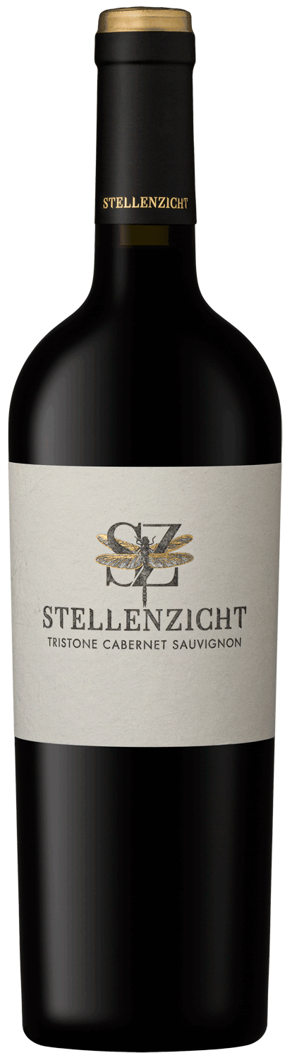 Eine Flasche Stellenzicht Tristone Cabernet Sauvignon Wein mit schwarzem Verschluss, cremefarbenem Etikett und gold-schwarzem Logo mit den Buchstaben "SZ" und einem geometrischen Muster.