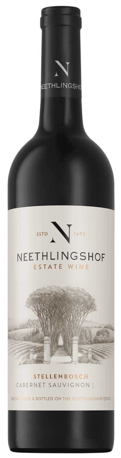 Eine Flasche Neethlingshof Estate Wine mit einem cremefarbenen Etikett mit einer Landschaftsillustration, dem Logo des Weinguts und dem Text, dass es sich um einen Stellenbosch Cabernet Sauvignon handelt.