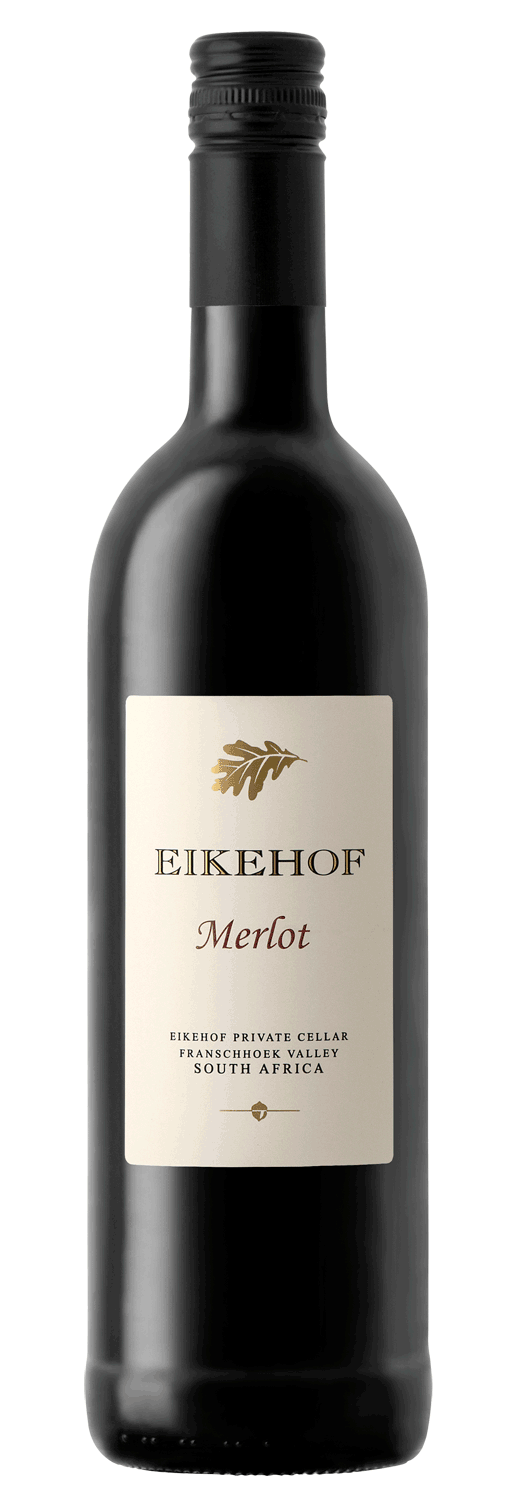 Eine Flasche EIKHOF Merlot-Wein mit einem cremefarbenen Etikett mit Blattgold-Logo. Das Etikett weist darauf hin, dass er aus dem Eikhof Private Cellar in Franschhoek, Südafrika, stammt. Die Flasche hat eine schwarze Kappe.