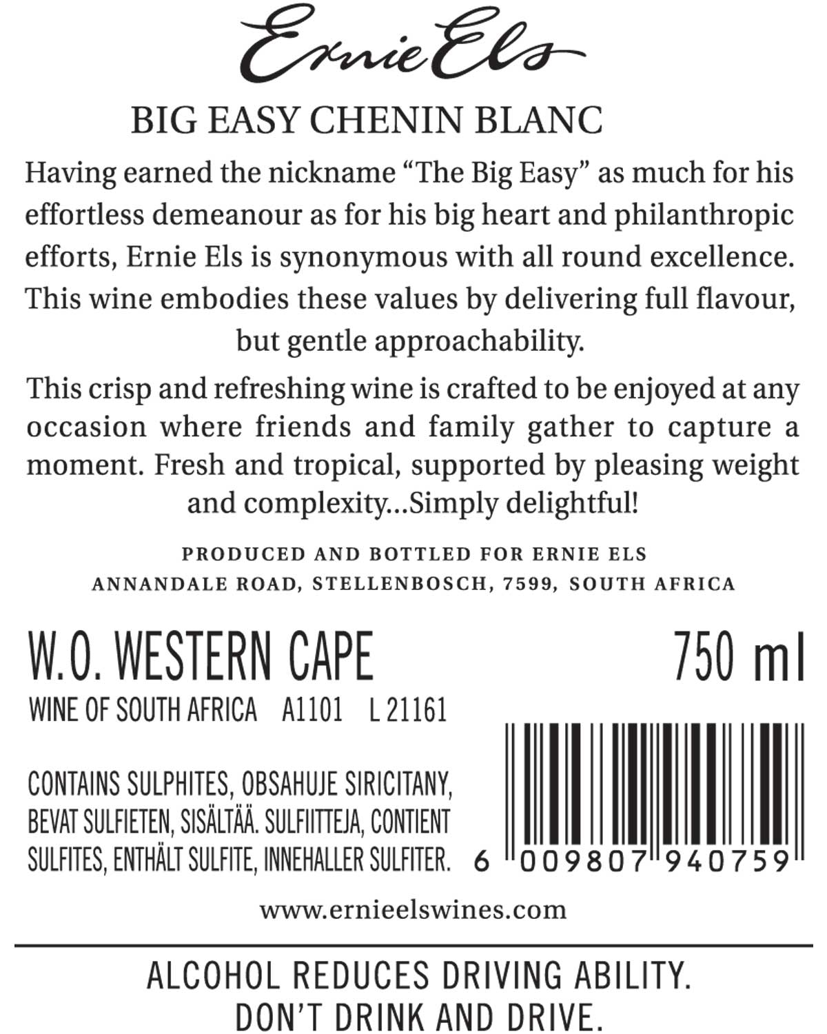Ein Weinetikett für den Ernie Els Big Easy Chenin Blanc mit Angaben zu seinem angenehmen Geschmack, den tropischen Noten, der südafrikanischen Herkunft, dem Produktionsort sowie dem Alkohol- und Sulfitgehalt, mit einem Link zur Website am Ende.