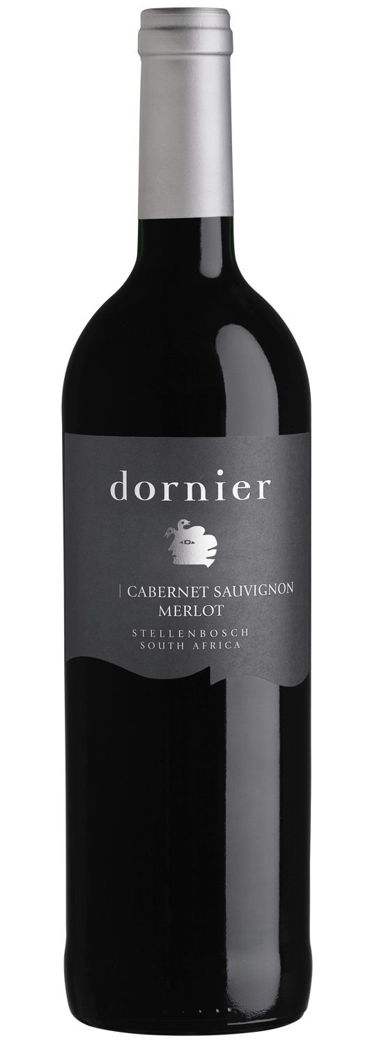 Eine Flasche Dornier Rotwein mit einem silbernen Verschluss und einem dunkelgrauen Etikett, auf dem Cabernet Sauvignon Merlot, Stellenbosch, Südafrika, steht.
