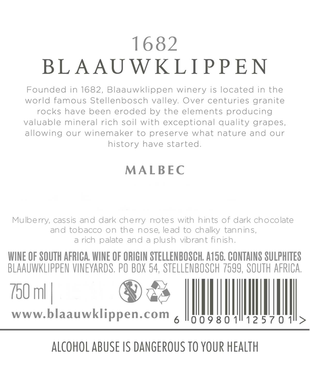 Eine Flasche Blaauwklippen 1682 Malbec Wein aus Stellenbosch, Südafrika, mit Goldfolie und einem Etikett mit der Abbildung einer Weinbergslandschaft.