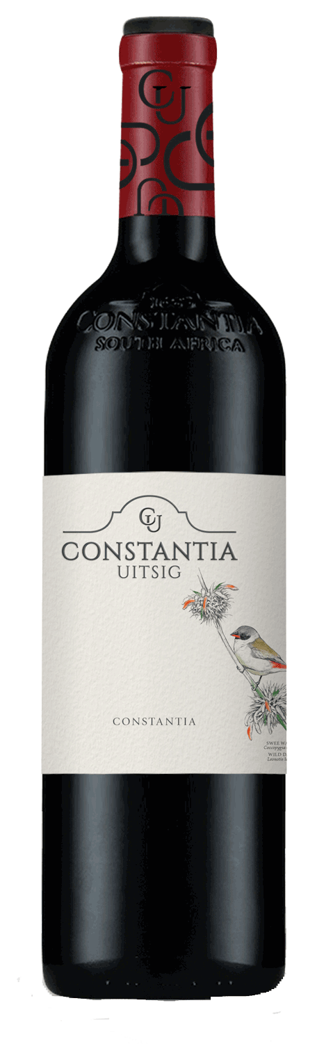 Eine Flasche Constantia Uitsig Rotwein aus Südafrika, mit einem cremefarbenen Etikett mit einer Vogel- und Blumenillustration und einer tiefroten Folie am Hals.
