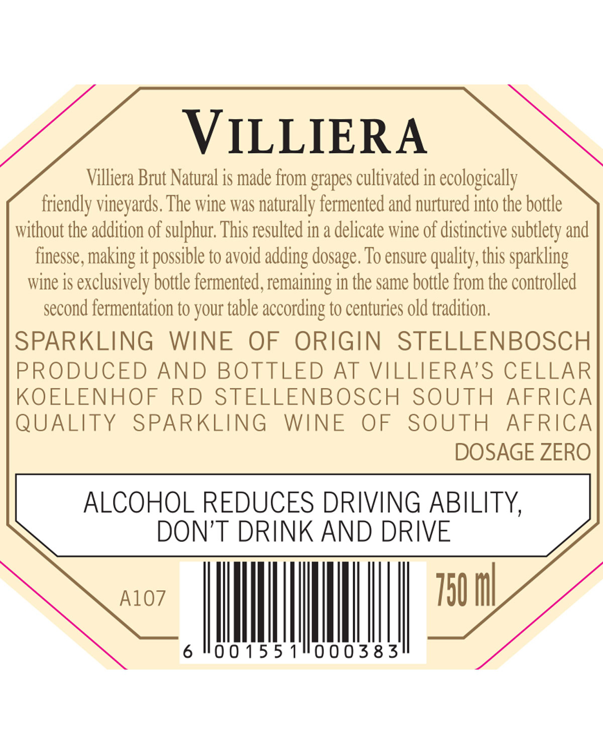 Etikett des Villiera Brut Natural Schaumweins mit Angaben zu seiner Herkunft aus Stellenbosch, Südafrika, zum Herstellungsverfahren und einem Warnhinweis: Alkohol beeinträchtigt die Fahrtüchtigkeit, also nicht trinken und fahren. Volumenangabe: 750 ml.