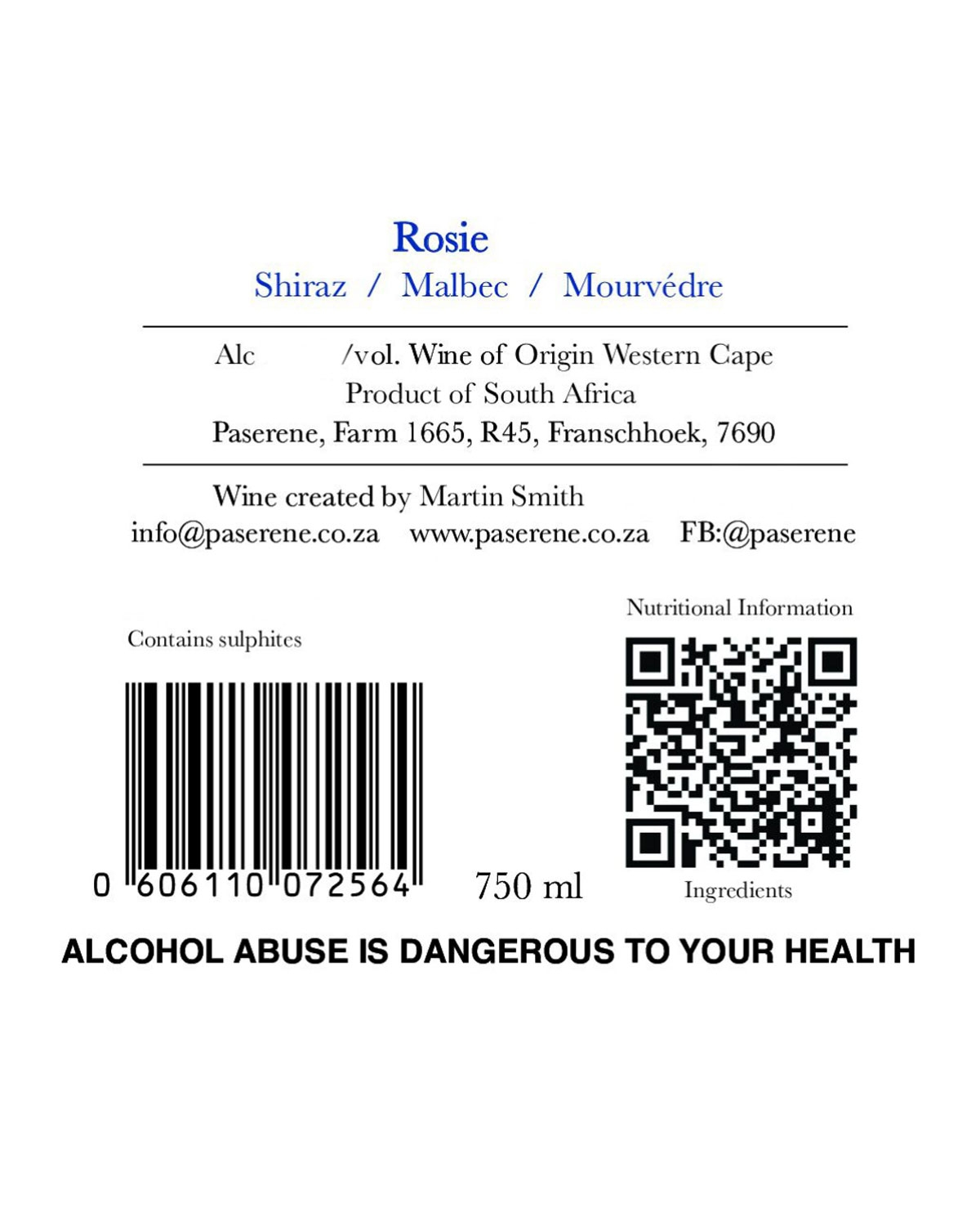 Weinetikett für Rosie, bestehend aus Shiraz, Malbec und Mourvèdre. Enthält Herkunft (Südafrika), Barcode, QR-Code, Zutaten, Gesundheitswarnung und Kontaktinformationen für Paserene Wines. 750 ml Flasche, enthält Sulfite.