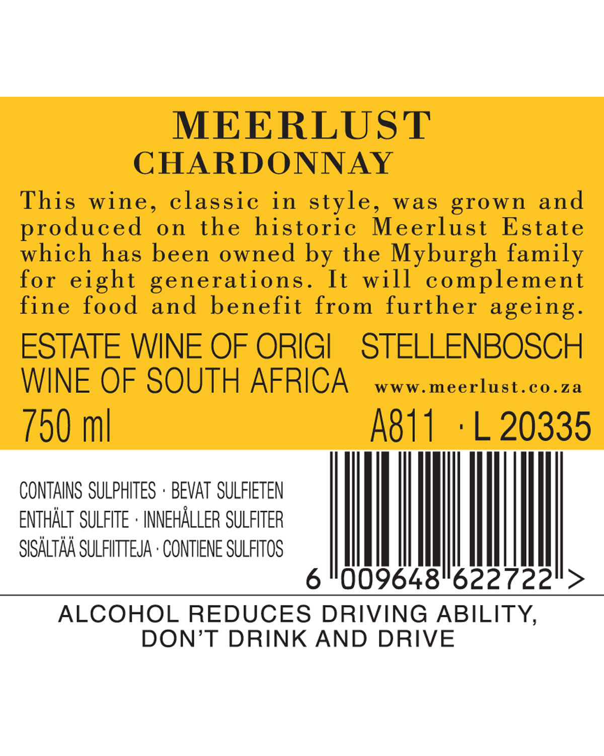 Weinflaschenetikett für Meerlust Chardonnay. Beschreibt das Erbe, den Stil und den Geschmack. Enthält Herkunft (Stellenbosch, Südafrika), Volumen (750 ml), Website, Strichcode, Sulfit-Warnung und den Hinweis "drink responsibly".