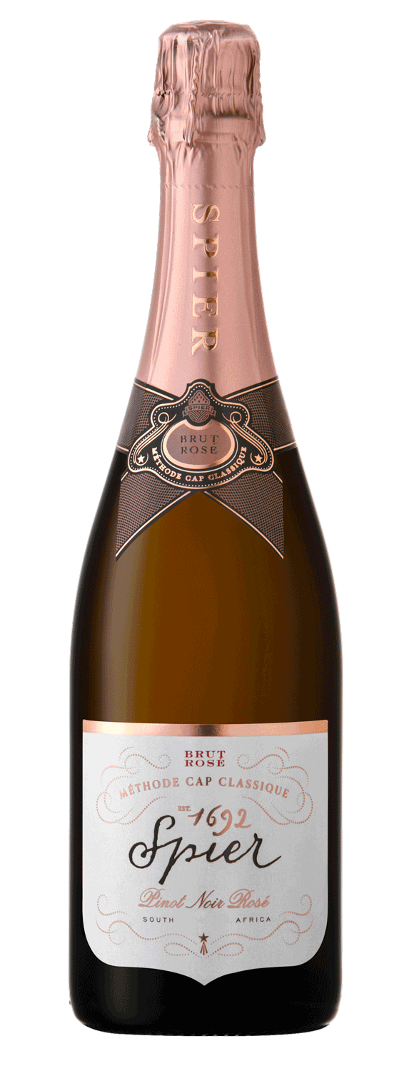 Eine Flasche Spier Pinot Noir Rosé Méthode Cap Classique Sekt mit einem rosa Folienverschluss und einem eleganten weiß-rosa Etikett mit goldenen Akzenten.