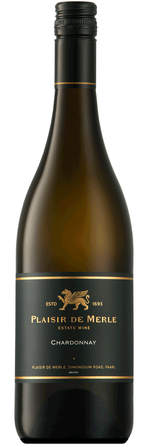Eine Flasche Plaisir de Merle Estate Wine Chardonnay mit einem dunklen Etikett mit goldener Schrift und einem Löwenemblem. Die Flasche steht aufrecht vor einem weißen Hintergrund.