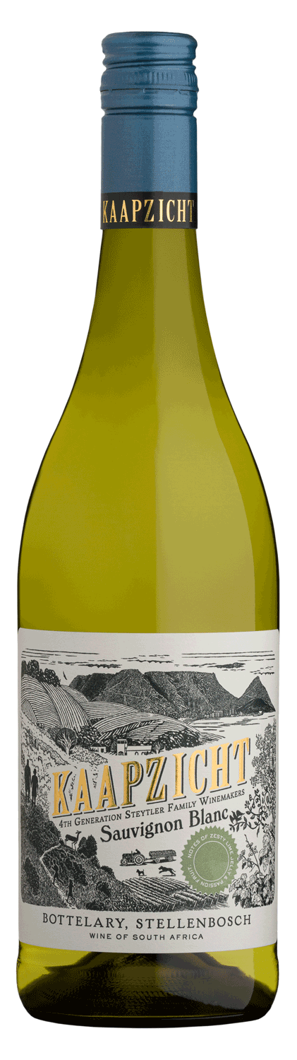 Eine Flasche Kaapzicht Sauvignon Blanc mit grünlich-gelber Farbe, mit einer detaillierten schwarz-weißen Abbildung des Weinbergs auf dem Etikett und einem Text, der angibt, dass er aus Bottelary, Stellenbosch, Südafrika, stammt.