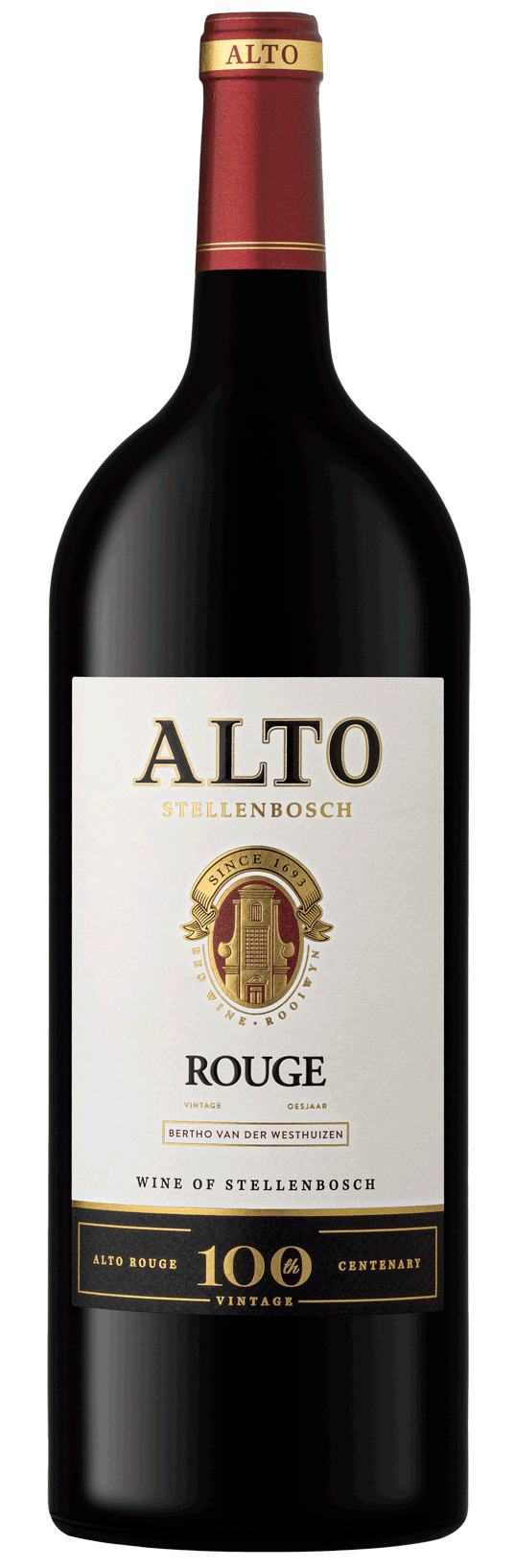 Eine Flasche Alto Stellenbosch Rouge mit einem schwarz-goldenen Etikett, auf dem ein goldenes Emblem und der 100. Jahrgang dieses südafrikanischen Weins gefeiert wird.