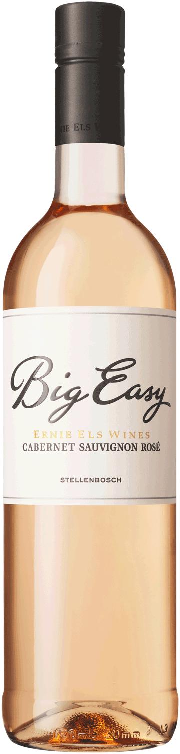 Eine Flasche Big Easy Cabernet Sauvignon Rosé Wein von Ernie Els Wines, mit einer hellrosa Farbe und einem weißen Etikett mit schwarzem und goldenem Text, hergestellt in Stellenbosch.
