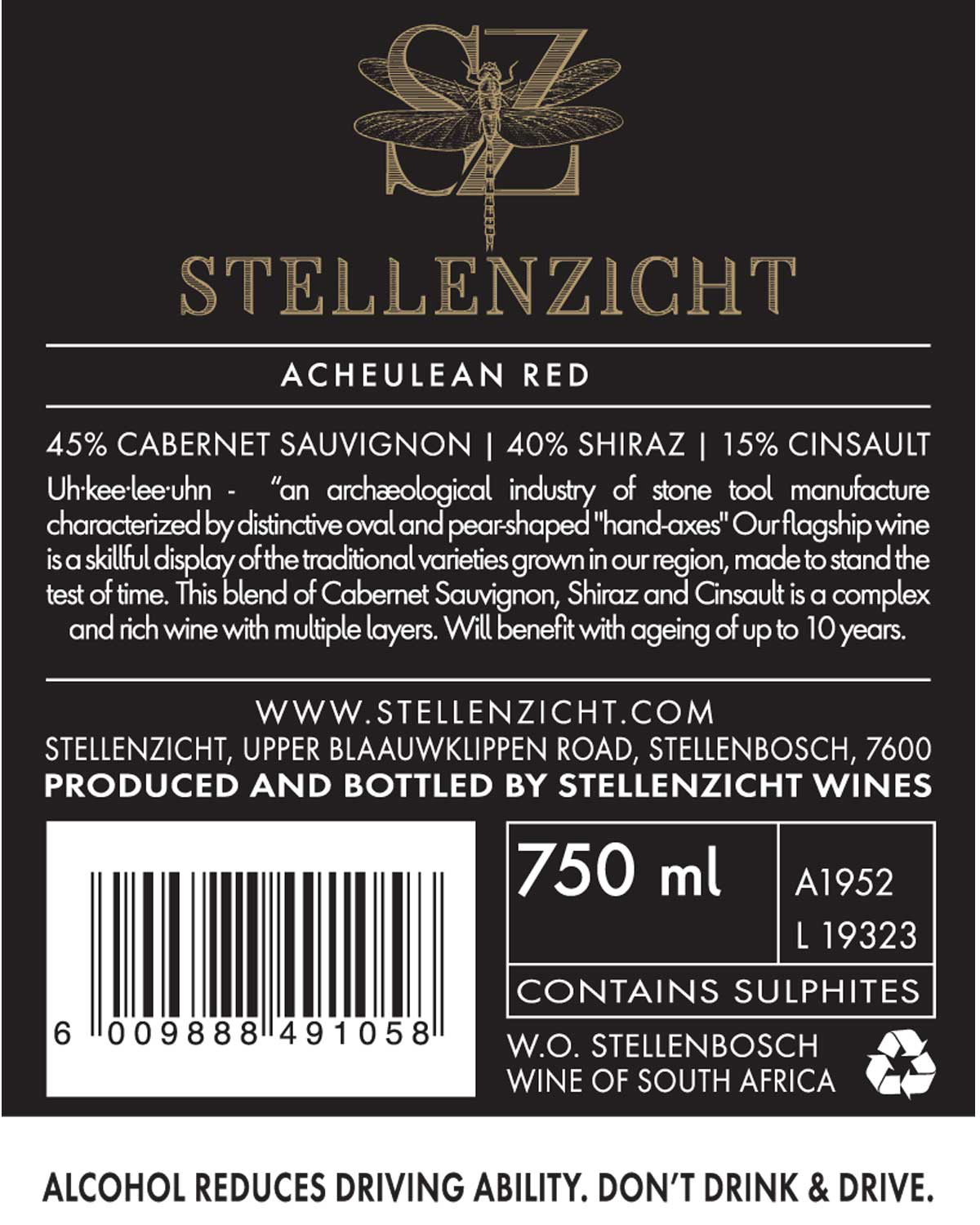 Schwarz-goldenes Stellenzicht-Weinetikett für Acheulean Red mit Prozentangaben, Verkostungshinweisen, Website, 750 ml, Abarcode, Sulfit-Warnung und dem Hinweis "drink responsibly" am unteren Rand.