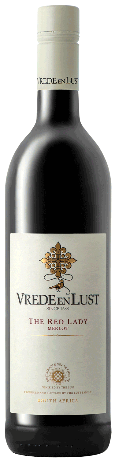 Eine Flasche Vrede en Lust The Red Lady Merlot Wein aus Südafrika mit einem weißen Etikett mit goldenem und rotem Text und einem dekorativen Emblem in der Mitte.