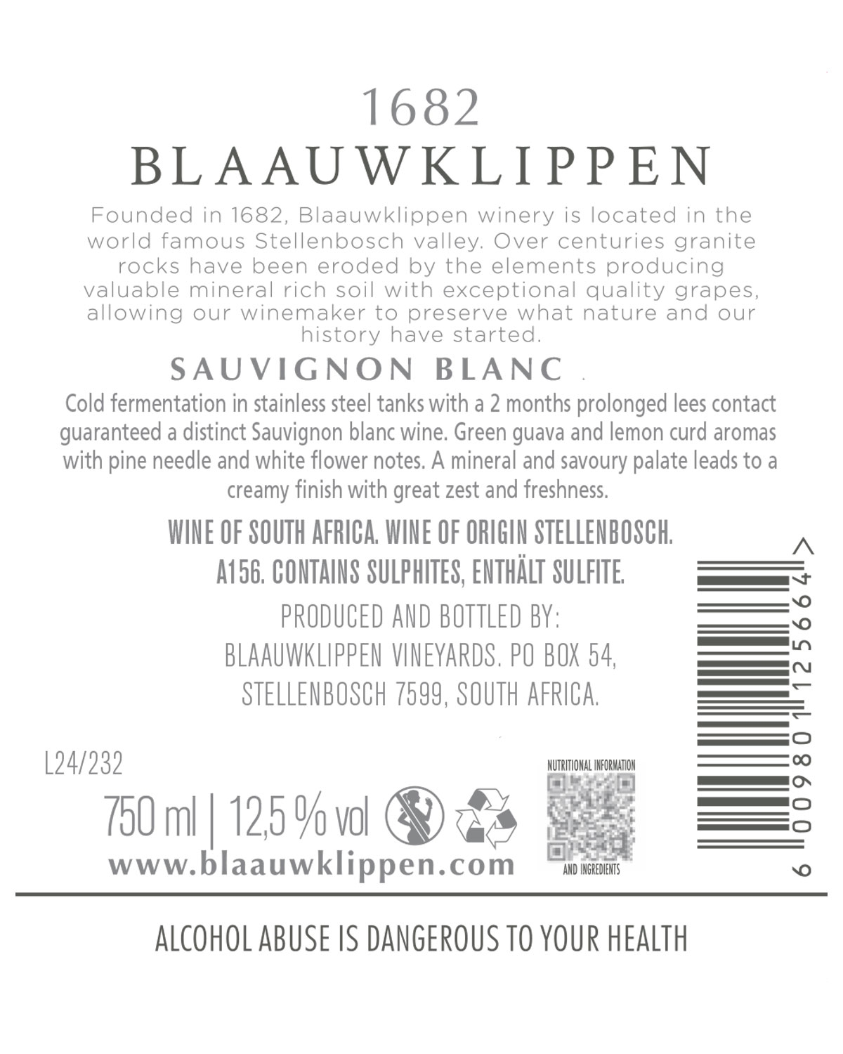 Weinflaschenetikett für 1682 Blaauwklippen Sauvignon Blanc mit einer Beschreibung der Herkunft des Weins aus Stellenbosch (Südafrika), Verkostungsnotizen, Angaben zur Abfüllung und Warnhinweisen zu Sulfiten und Alkoholkonsum.