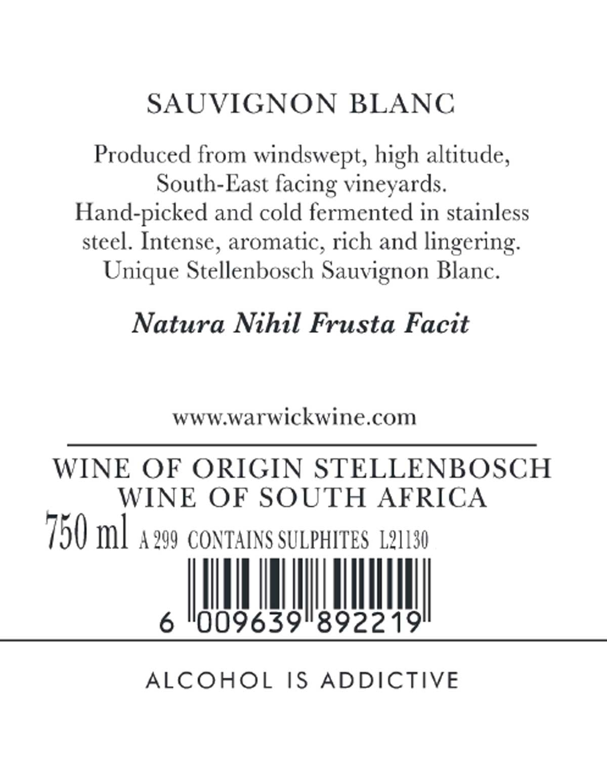 Weinetikett für Sauvignon Blanc mit Angaben zum Ursprung in Stellenbosch, Südafrika, mit Verkostungsnotizen, Website, Strichcode, Volumen, Sulfitgehalt und Gesundheitswarnung Alkohol macht süchtig.