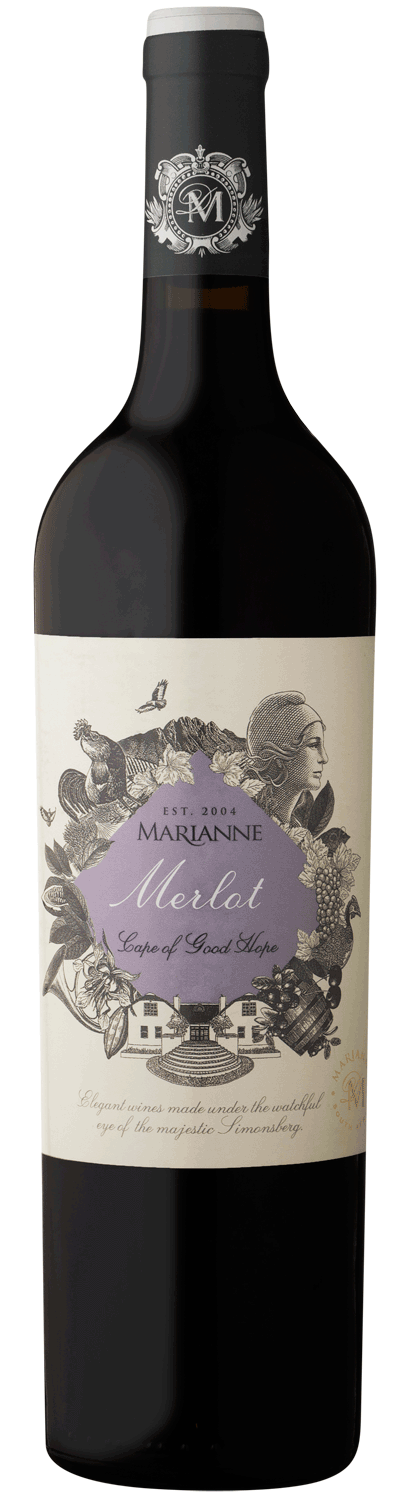 Eine Flasche Marianne Merlot Wein mit einem cremefarbenen Etikett mit einer detaillierten Illustration eines Frauenprofils, Trauben und einem Weinberg. Das Etikett enthält einen violetten Akzent mit dem Namen des Weins und Angaben zum Jahrgang.