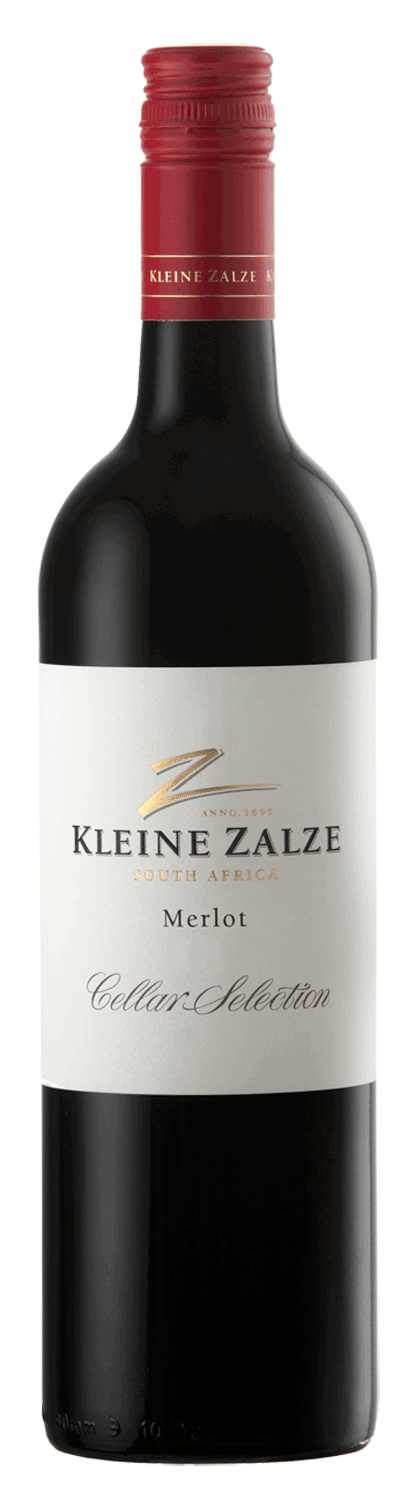 Eine Flasche Kleine Zalze Cellar Selection Merlot Rotwein mit einem roten Schraubverschluss und einem weißen Etikett mit dem Markennamen und der Weinsorte.