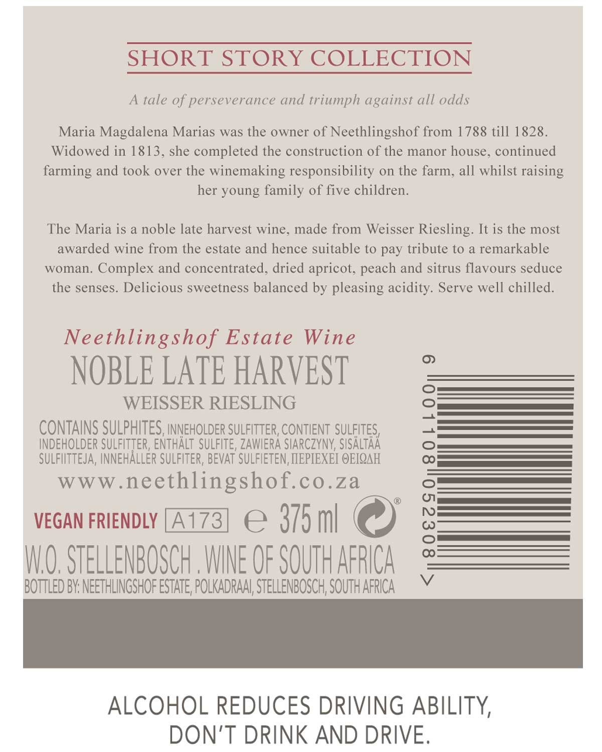 Ein informatives Weinetikett für Neethlingshof Estate Weisser Riesling. Der Text beschreibt das Maria-Etikett, Details über den Wein, die Zutaten und eine Warnung: "Alkohol vermindert die Fahrtüchtigkeit, bitte nicht trinken und fahren.".