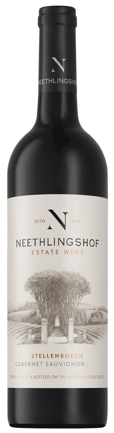 Eine Flasche Neethlingshof Estate Wine, Stellenbosch Cabernet Sauvignon, mit einem beigen Etikett mit einer Zeichnung von Bäumen und Gebäuden des Weinguts und Text in Schwarz und Gold.