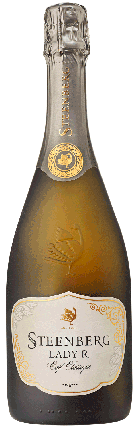 Eine Flasche Steenberg Lady R Cap Classique Sekt mit Goldfolie am Hals und einem eleganten weiß-goldenen Etikett mit dem Steenberg-Logo.